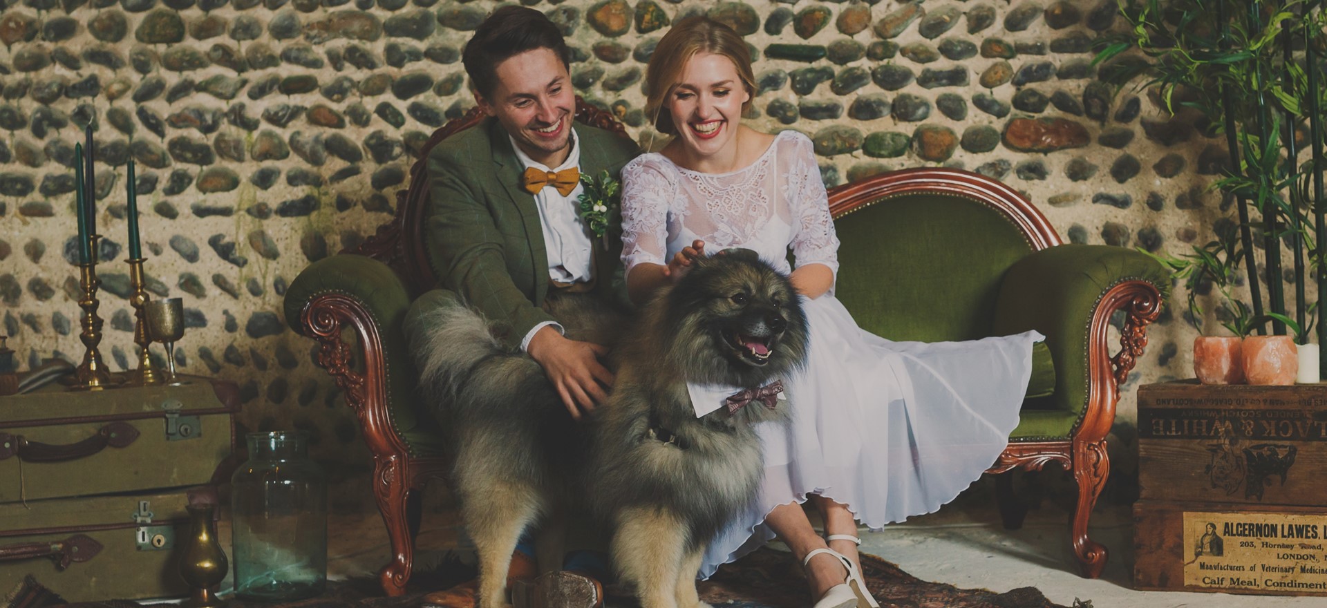 Bride and Groom with Dog at Wedding